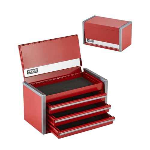 VEVOR Metal Tool Box, 8.6-inch, Portable Metal Tool Box with 3 Drawers, Small Tool Chest with EVA Liners and PP Feet Pads, Heavy-Duty Steel With Ball Bearing Opening and Powder Coated Finish, Red