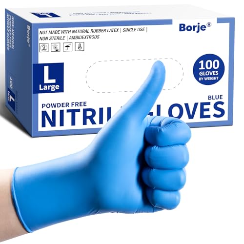 Borje Nitrile Disposable Gloves, Medical Exam Gloves, 100 Count, Blue, Large, Latex & Powder-Free, Food Safe, Cleaning, Cooking, Lab & Tattoo