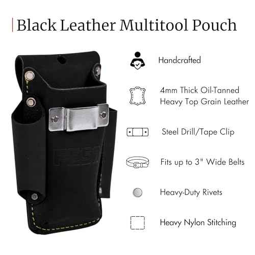 FESA Small Leather Tool Pouch - 4-in-1 Heavy Top Grain Leather Small Tool Pouch with a Steel Tape Measure Clip, 3 Pockets & Reinforced Heavy Duty Rivets - Fits Belts up to 3" - Handcrafted