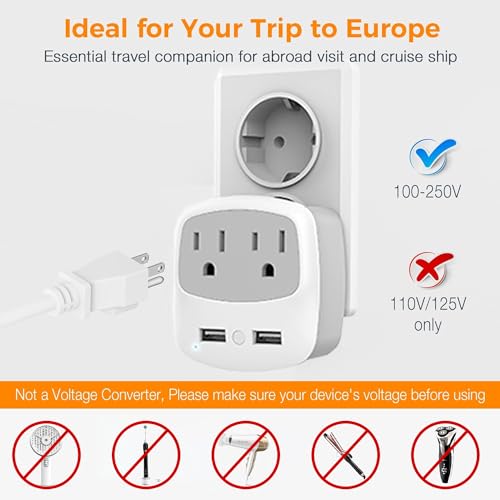 Grey TESSAN European Travel Plug Adapter Converter - 4-in-1 US to EU with USB Ports
