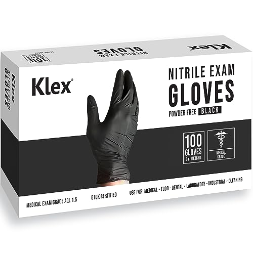 Klex Nitrile Exam Gloves - Medical Grade, Powder & Latex Free, Food Safe, Black, 100, 1000 Count, S, M, L, XL