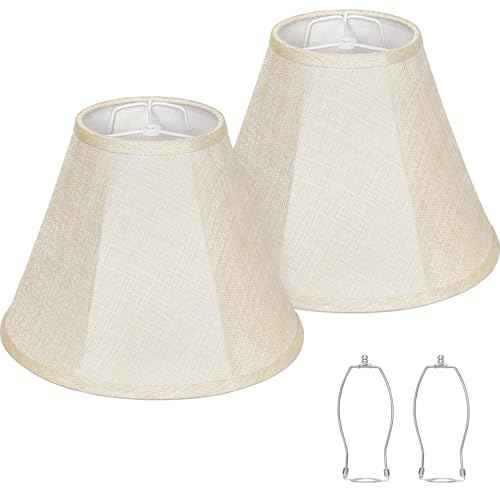 Lamp Shades Set of 2, Champagne Beige Bell Lamp Shades 6" x 13" x 10"High, Medium Shade Replacement Fabric Natural Linen Hand Crafted(Spider Fitter), Harp Holders Included, Easy Assembly Required