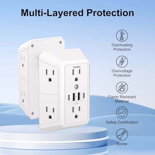 Teiobar White Wall Outlet Surge Protector with 6 Outlets & 4 USB Ports - Non-Night Light, 6-Outlets Version