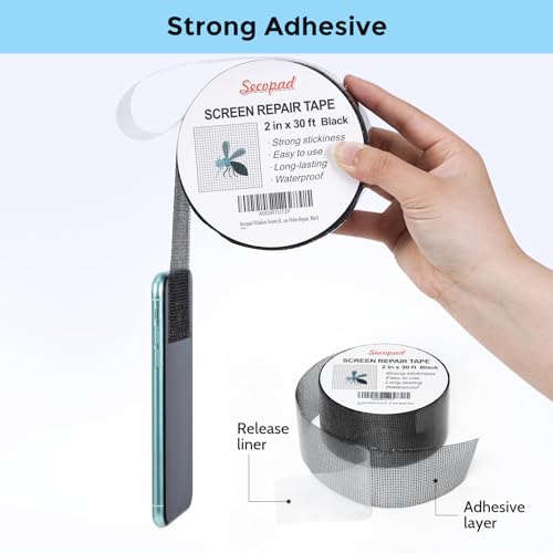Secopad Black Screen Repair Tape 2in x 30ft - Fast & Durable Mesh Patch Kit