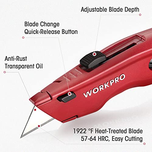 WORKPRO Red Utility Knife with Retractable Blade, Heavy Duty Box Cutter, 10 Extra Blades