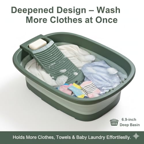 VEMJO 12 Gallon Collapsible Laundry Basin with Removable Washboard, Green, 24.4 Inches