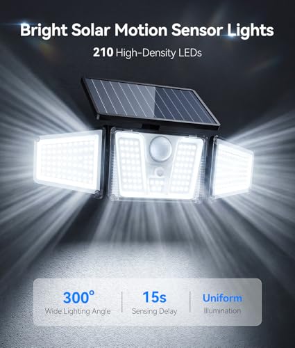 KOOPER Black 2-Pack Solar Flood Lights with 210 LED & Motion Sensor, 3 Heads Wide Angle Outdoor Security Lighting