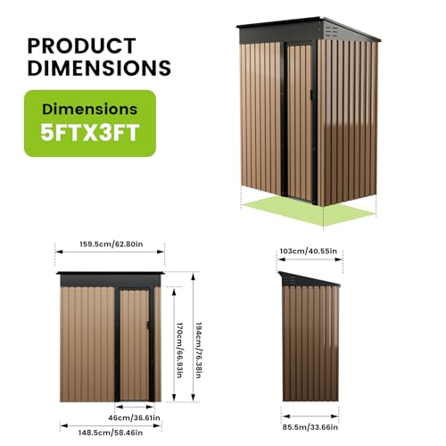 MilleLoom 5x3FT Outdoor Storage Shed, Heavy Duty Garden Tool Storage Shed with Lockable Doors and Sloping Roof, Weatherproof Metal Storage House for Backyard, Patio, Garden, Lawn