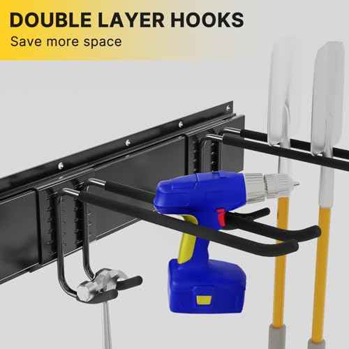 Garage Organization, Garage Tool Organizer Wall Mount with 48 inches Rails and 6 Double-layer Hooks, Tool Organizer Rack For Yard Tools, Shovel, Chair, Snowborad