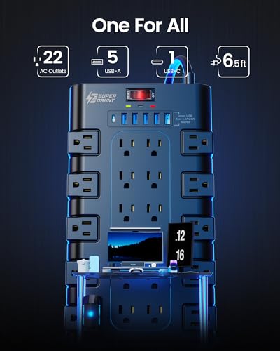 SUPERDANNY Black Power Strip Surge Protector with 22 Outlets & 6 USB, 6.5ft Cord