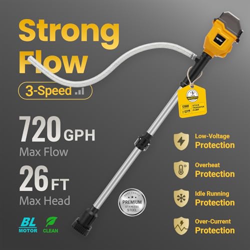 Fordwalt Yellow Brushless Water Transfer Pump 720 GPH Compatible with Dewalt 20V Max Battery