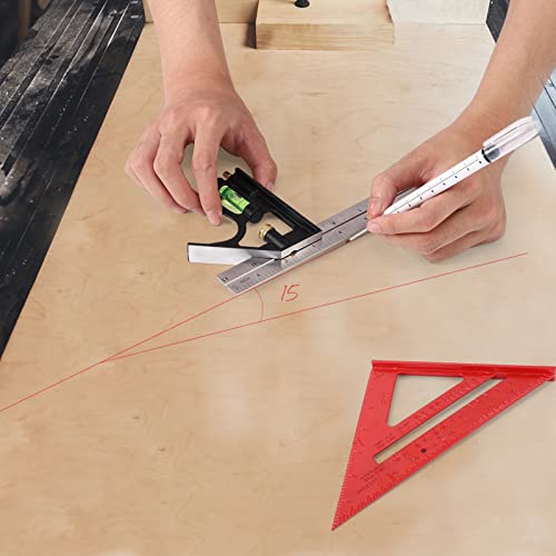 LARMEIL Red 12 Inch Combination Square Set with Bubble Level, Rafter/Framing Square