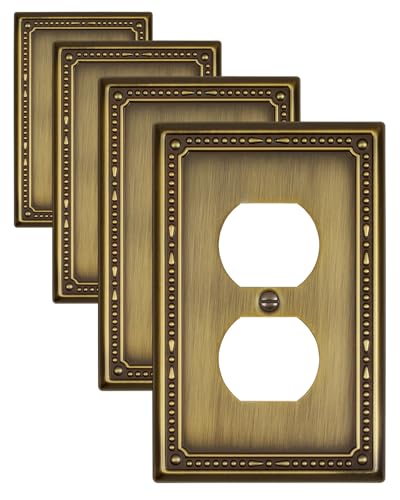 ZILLSEA Antique Brass Outlet Cover Plate 4-Pack - Vintage Metal Wall Switch & Socket Covers - Duplex Standard Size