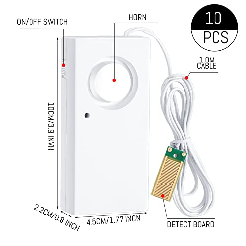 Hoteam 10 Pcs Water Sensor Alarm Leak Detector 120db Water Leak Alarm 9v Battery Flood Sensor Detector Overflow Security Alert for Home Basement Kitchen Garage Bath Tub Sink, White