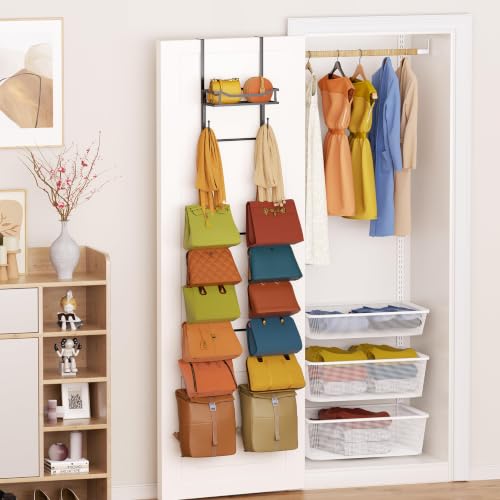 Black 9-Tier Over The Door Purse Organizer with 16 Hooks and Metal Basket