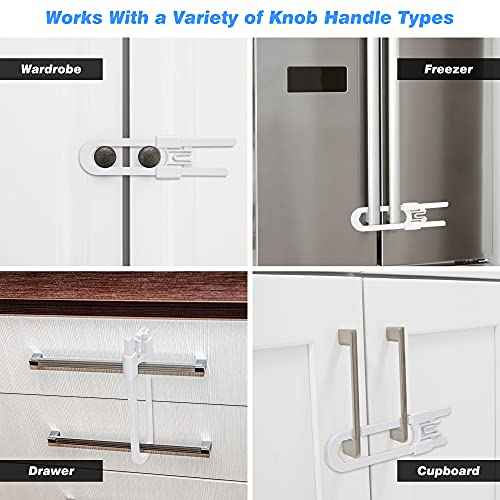 Vmaisi Baby Sliding Cabinet Locks - 4 Pack Adjustable U Shaped Child Safety Locks,Childproof Latches for Kitchen Bathroom Storage Cupboards Doors, Handles and Knobs White (4)