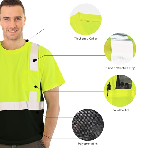 FATONE Hi Vis T Shirt Class 2 High Visibility Safety Shirts for Men Breathable Construction Work Mesh Short Sleeve with Pocket, 3PCS, Black Bottom Yellow L