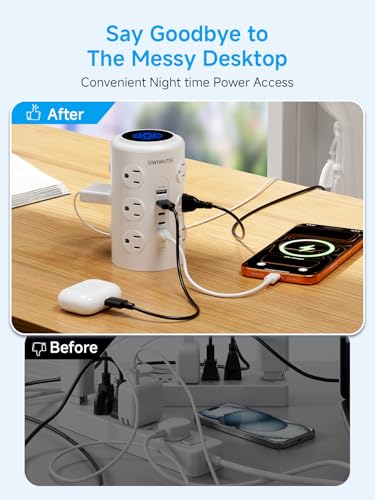 10FT White Tower Power Strip with 20W PD USB-C Fast Charging Port