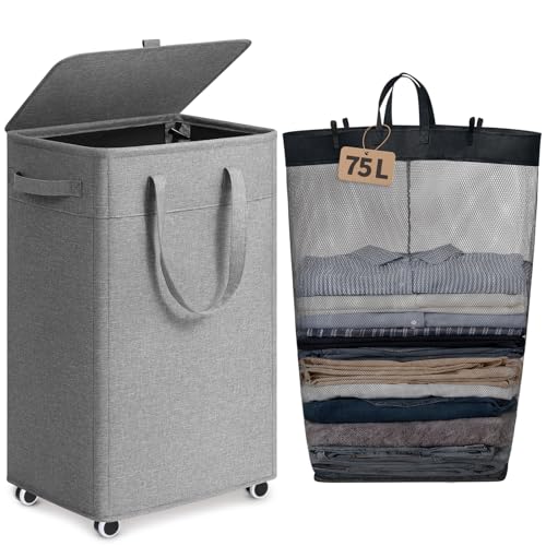 Goodpick 75L Rolling Laundry Basket with Wheels and Lid – Light Grey, 16.5 x 12.5 x 27.5 in