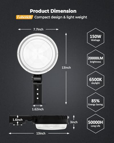 Toberich 150W LED Barn Light Dusk to Dawn Outdoor Yard Light 20000LM 6500K Daylight, 120V
