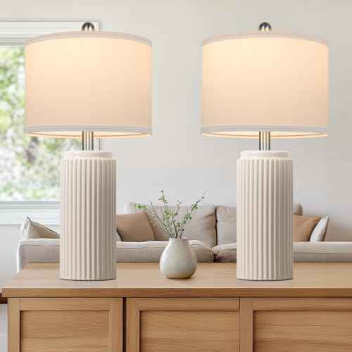TOBUSA 23.5¡¯¡¯ Modern Ceramic Table Lamps Set of 2 for Living Room, Farmhouse Vintage Bedside Table Lamps with White Linen Shade, Rustic Bedroom Ceramic Lamps for Nightstand Home Office End Table Dorm