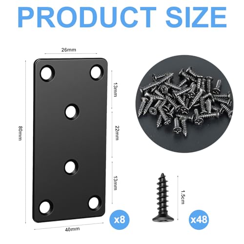 8-Pack Metal Flat Brackets for Wood Furniture Repair - 40x80mm with Screws