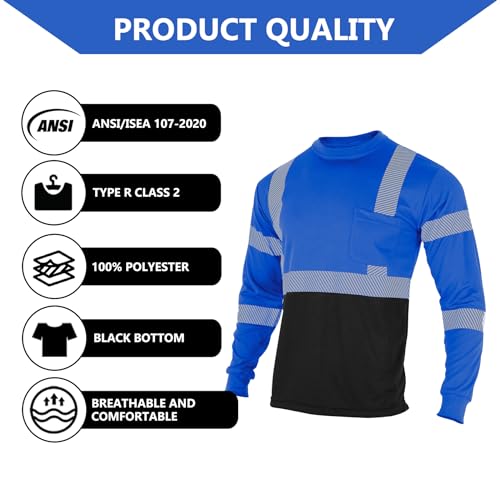 FONIRRA Safety Shirts for Men High Visibility Reflective ANSI Class 2 Hi Vis Construction Work T Shirts Long Sleeve