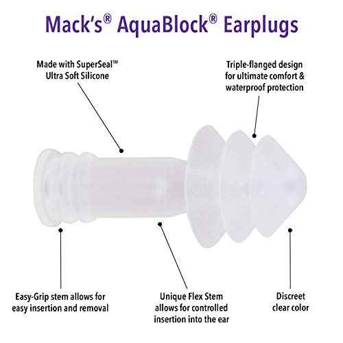 Mack's AquaBlock Swimming Earplugs, 2 Pair - Comfortable, Waterproof, Reusable Silicone Ear Plugs for Swimming, Snorkeling, Showering, Surfing and Bathing (Clear)