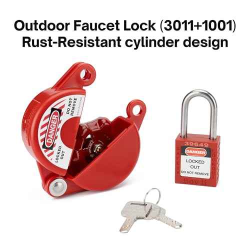 Outdoor Faucet Lock with Safety Padlock, 1set, ABS Plastic Red Secure Lock Device for Hose Bib/Hose Spigot/Propane Tank, Gate Valve Lockout for 1 to 2-3/4 in Dia Valve Handles, 3011£«1001