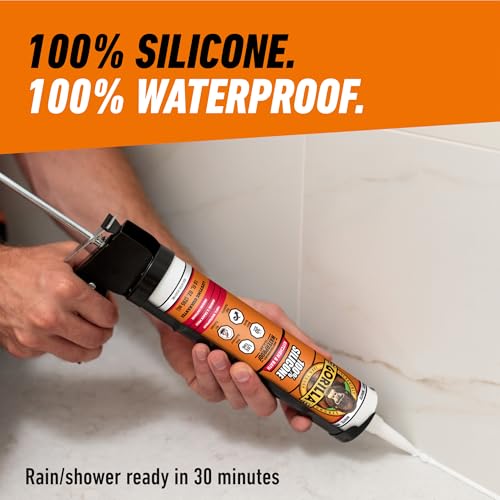 Gorilla 100% Silicone Caulk - White, 10 oz Cartridge, Waterproof Bathroom Sealant