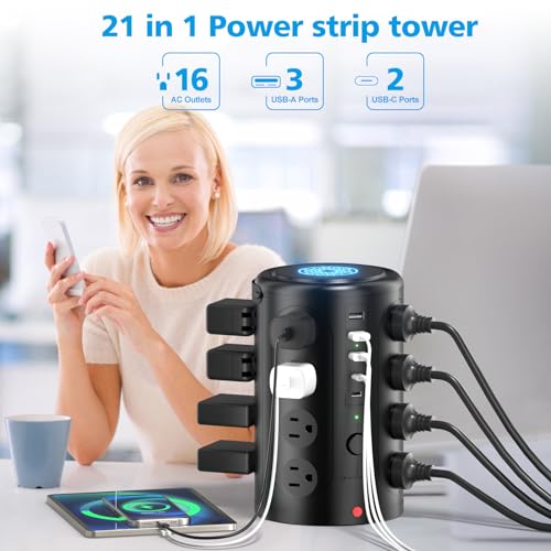 UWIWUTEI 6FT Black Power Strip Tower Surge Protector with 16 Outlets & 5 USB Ports