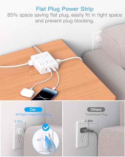 One Beat 15 Ft White & Grey Flat Power Strip with Surge Protector & USB Charging