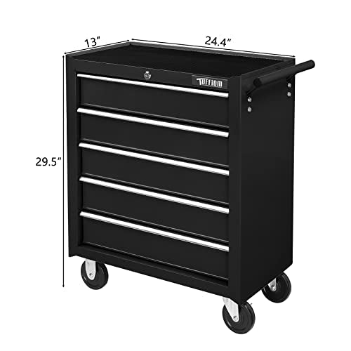 TUFFIOM Black 5-Drawer Rolling Tool Chest with Lockable Wheels, Top Cushion & Drawer Liners
