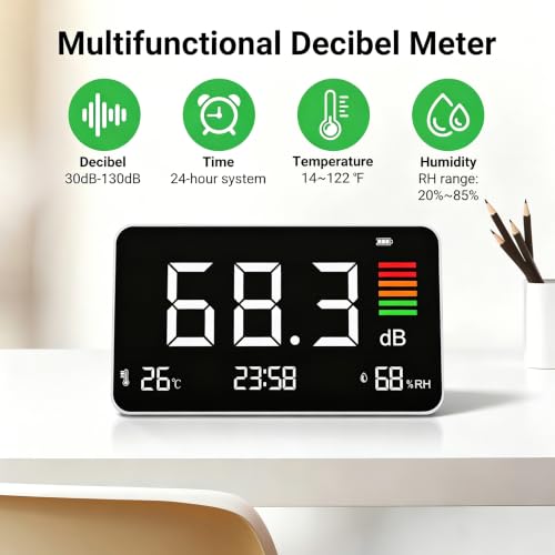 5-in-1 Desktop Decibel Meter 30-130dB A-Weighted Noise Level Meter with Thermometer Hygrometer Clock