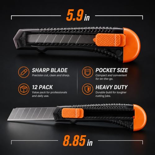REXBETI 12-Pack Heavy-Duty Retractable Utility Knives with 18mm Blades - Office & Home Use