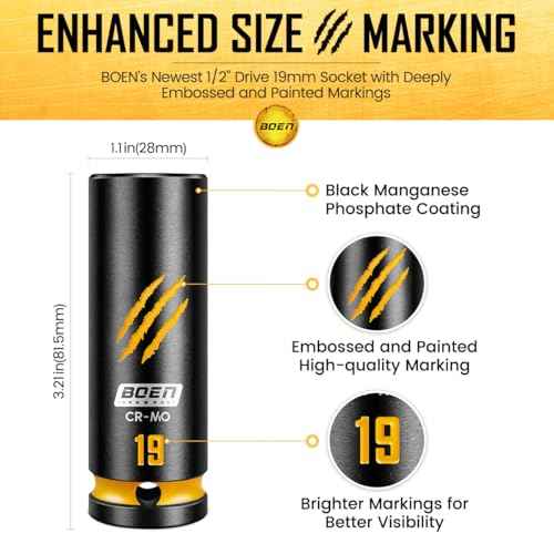 BOEN 1/2" Drive 19mm Deep Impact Socket Set, Chrome-molybdenum Steel, 6-Point Design, Deep Embossed and Painted Marking, Yellow Groove, Black Phosphate Coating