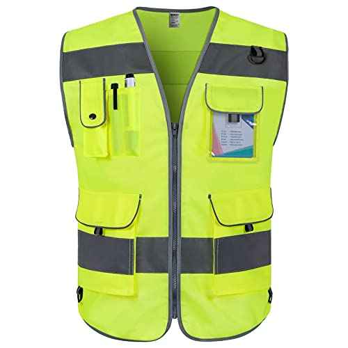 TCCFCCT Safety Vest for Men Women 9 Pockets High Visibility Vest for Safety, Reflective Work Vest with Reflective Strips, Meets ANSI/ISEA Standards, (Yellow, Large)
