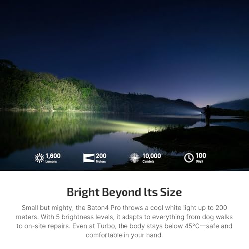 OLIGHT Baton4 Pro EDC Rechargeable Flashlight Black, Compact 1600 Lumens