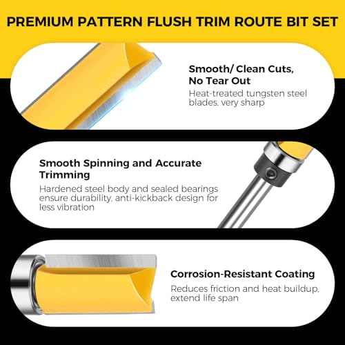 Junreox 4PCS Flush Trim Route Bit 1/4 Shank, Premium Pattern Flush Cut Route Bit with Bearing to Prevent Tear-Out, Straight Cut Carbide Tipped Template Router Bit for Woodworking, Milling, Trimming