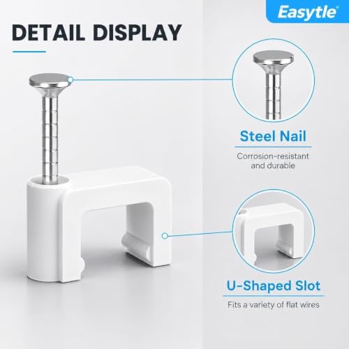 Easytle 100 Pcs Cable Clips Nail-In Flat Ethernet Cable Wall Tacks for Coax, Speaker & Power Cords