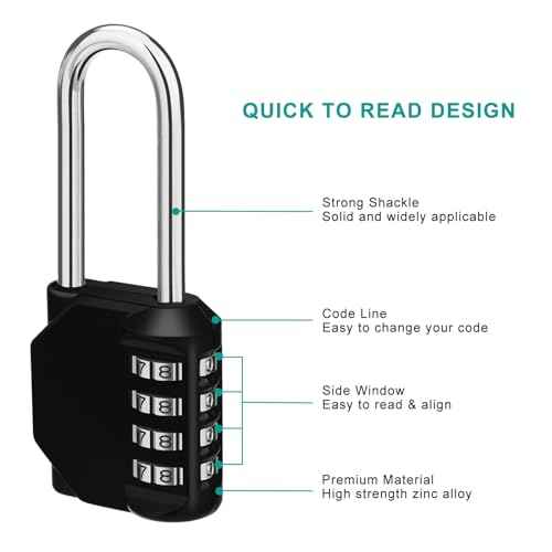 ZHEGE Long Shackle Padlock, 4 Digit Combination Lock, Resettable Combo Lock for School, Gym Employee Locker, Outdoor, Fence (Black)