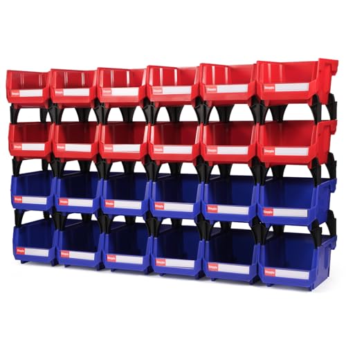 Shineyaplus 24-Pack Stackable Storage Bins 5.32 x 4.14 x 2.99 in with Labels, Blue & Red