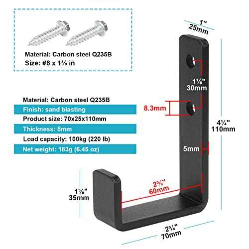 4 Pcs 4-3/8" Heavy Duty Black Steel J Hooks, Wall Mount Utility Hook for Hanging Barbells Garage Storage