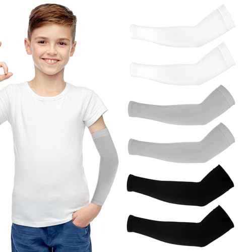 3Pairs Kids Arm Sleeves Thinly UV Sun Protection Cooling Arm Compression Sleeves, Outdoor Sport Breathable Elastic Ice Sleeve for Youth Boys Girls (7-12 Years) (Black&White&Grey)