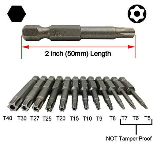 Torx Head Screw Driver Bit 12 Pcs Security Torx bit set T5 T6 T7 T8 T9 T10 T15 T20 T25 T27 T30 T40 Size 2 inch Length 1/4 Hex Shank S2 Steel Magnetic Star 6 Point Screwdriver bit set