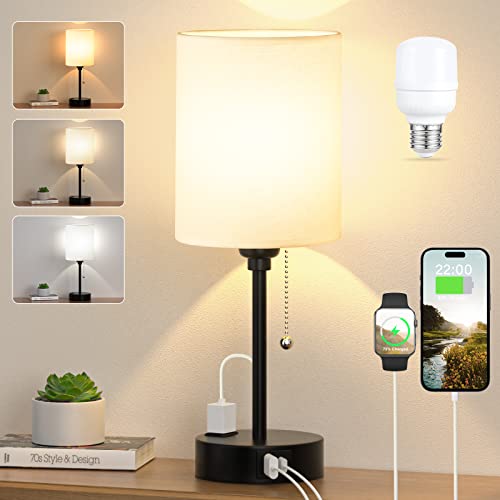 Dicoool 14.6 Inch White Bedside Table Lamp with USB-C & USB Ports, 3 Color Temperatures