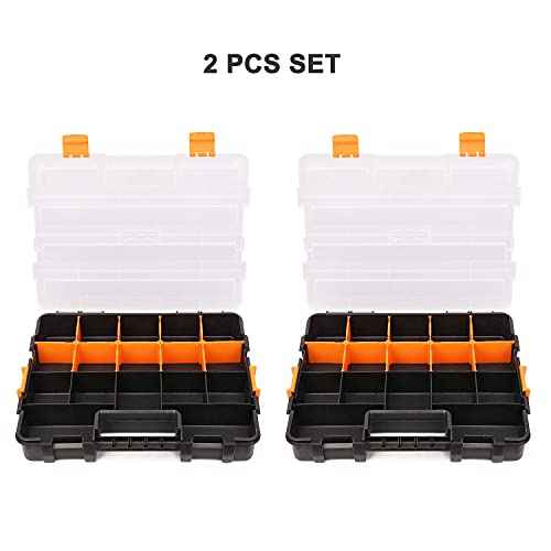 Makitoyo Tool Box Organizers, Interlocking Black Small Parts Organizer for Fasteners, Parts and Crafts w/Removable Dividers, 2 Pieces Pack, Black & Orange,15¡±L¡¿11.6¡±W¡¿2.6¡±H