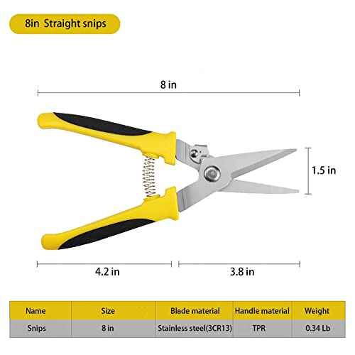Aviation Tin Snips 8 Inch Heavy Duty Metal Cutter, Straight Shears with Stainless Steel Blade & Comfort Grips, Multifunction Cutting of Branches, Cable Wires, Thin Iron, Cardboard(Right Hand)