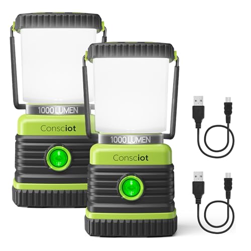 Consciot 1000LM Rechargeable LED Camping Lantern 2 Pack with 4 Light Modes, Dimmable, Green