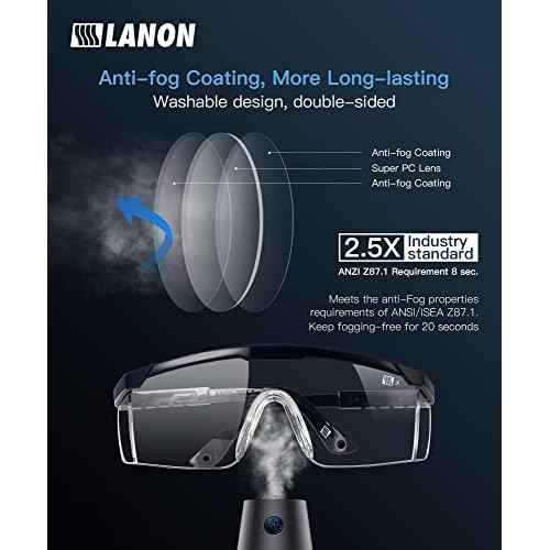 LANON Anti-Fog Safety Goggles with Ajustable Temples, 2.5 Times ANSI Z87.1 Double-sided Antifog, Side Protection, High Transmission, Lightweight & Comfortable Safety Glasses.